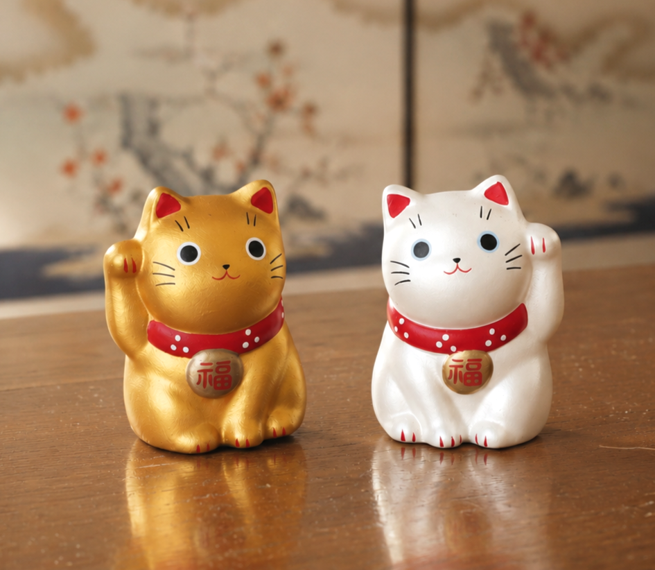 Mini Japanese Lucky Cat Pair – Gold & Silver Maneki Neko | Yakushigama