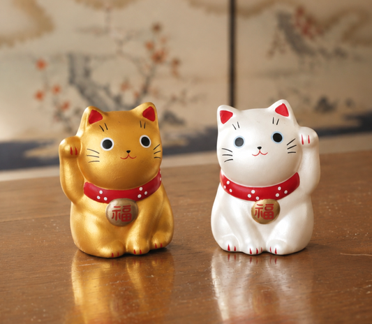 Mini Japanese Lucky Cat Pair – Gold & Silver Maneki Neko | Yakushigama