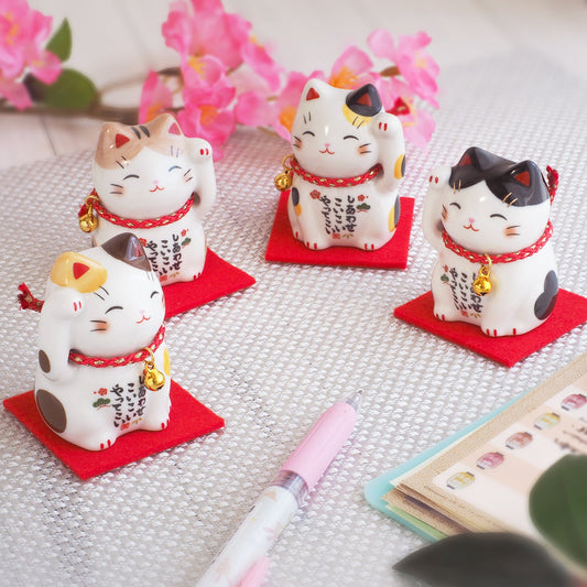 Set of 4 Japanese Lucky Cats – Calico, Brown Calico, Tuxedo & Orange Tabby | Yakushigama